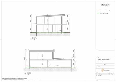 Snittegning (Snitt A-A og Snitt B-B) som viser bygningens tverrsnitt, høyder, terrengforhold og konstruksjon.