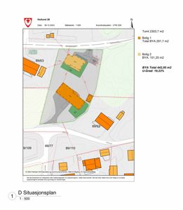 Situasjonsplan som viser tomtens plassering i forhold til nabolag, bygninger og veier.