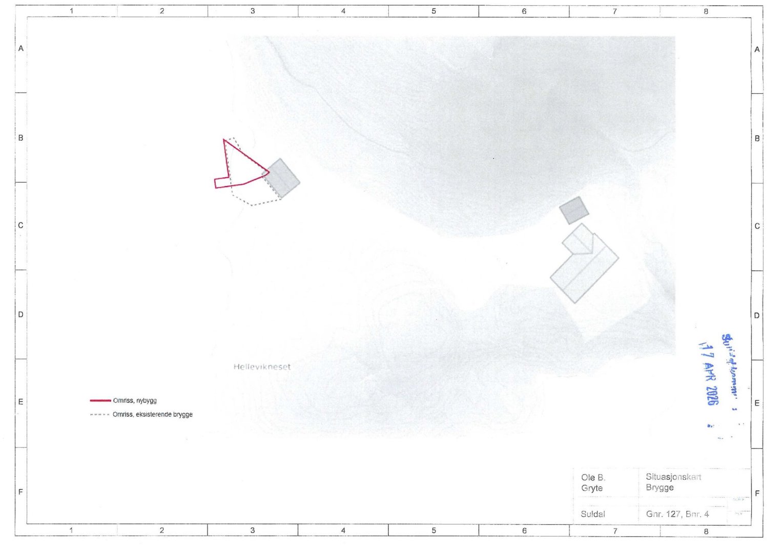 Situasjonsplan som viser tomtens beliggenhet, eksisterende og planlagt bygninger, samt topografi (konturlinjer).