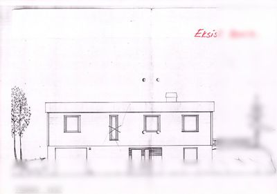 Fasadetegning (opprikk) av en eksisterende bolig sett fra vest.