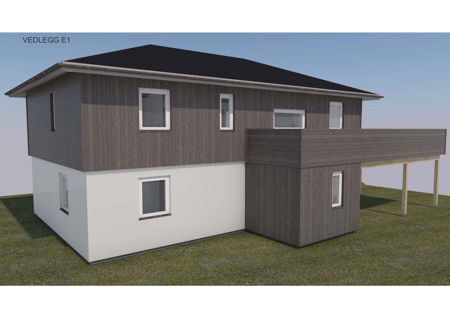 3D-visualisering av en planlagt bolig med fasade, vinduer og grunnplan.