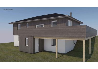 3D-visualisering av en toetasjes bolig med en utvidelse i første etasje, sett fra en vinkel som viser fasade og grunnplan.