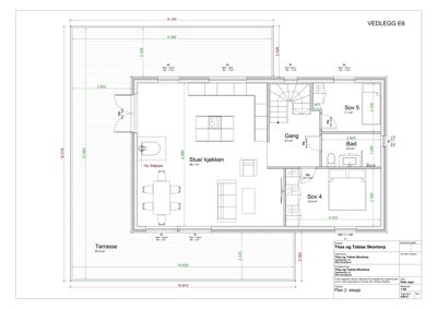 Etasjeplan (Plan 2) som viser romfordeling, dimensjoner og plassering av stue, kjøkken, soverom og bad.