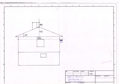 Fasadetegning som viser bygningens utseende fra fronten, inkludert takform, vinduer og mål.