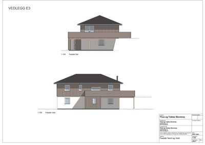Fasadetegning som viser bygningens utseende fra nord og vest.