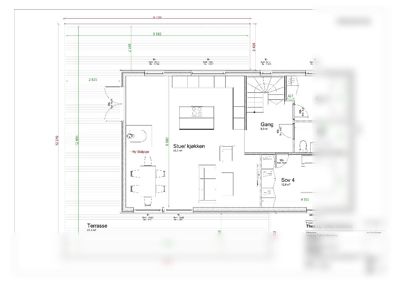 Etasjeplan (Plan 2) som viser romfordeling, dimensjoner og plassering av stue, kjøkken, soverom og bad.