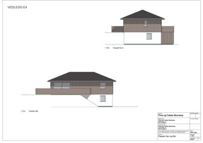 Fasadetegning som viser bygningens utseende sett fra nord og øst.