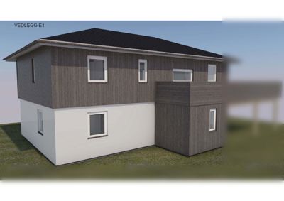 3D-visualisering av en planlagt bolig med fasade, vinduer og grunnplan.