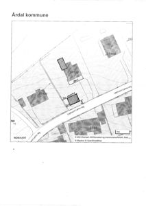 Kart over Årdal kommune som viser eiendomsgrenser, vegnett og arealbruk.