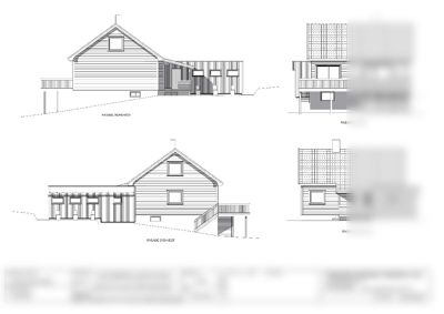 Fasadetegning som viser fire utsnitt av en bygning (Nord-Øst, Syd-Øst, Syd-Vest, Nord-Vest) med detaljer om vinduer, dører og takform.