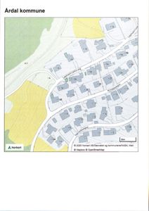 Kart over Ardal kommune som viser eiendommer, veier og topografi.