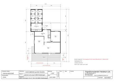 Etasjeplan (1. etasje) for en bolig med romfordeling, mål og opplysninger om tilbygg.