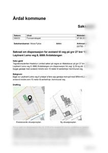 Bildet viser to situasjonsplaner (eksisterende og ny plan) som illustrerer eiendomsforhold, bygningers plassering og avstander til vei.