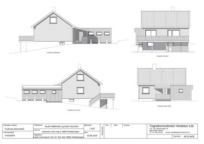 Fasadetegning som viser fire utsnitt av en bygning (Nord-Øst, Syd-Øst, Syd-Vest, Nord-Vest) med detaljer om vinduer, dører og takform.