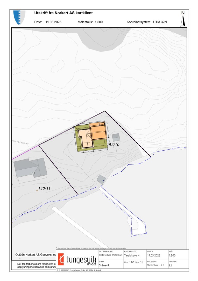 Situasjonsplan som viser tomtens form (142/10), topografi (konturlinjer), nabotomter (142/11), og plassering av planlagt bygning i forhold til omgivelser.
