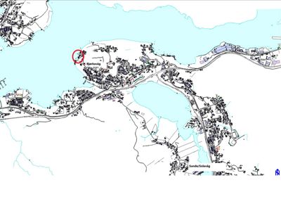 Kart over et kystområde med bygningsplasseringer, veier og vannmasser. En rød sirkel markerer et spesifikt område ved Bjerkavåg.