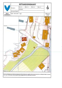 Situasjonskart som viser eiendomsgranser, topografi, eksisterende bygninger og infrastruktur i Sula kommune.