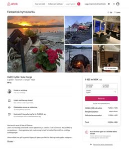 Fotografier av en Airbnb-hytte i Sula, inkludert utsikt over havet og strand, samt interiørbilder.