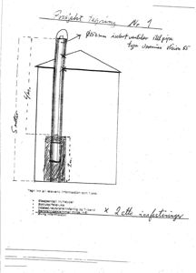 En håndtegnet detaljtegning som viser en isolert ventilør (stilpipe) med spesifikke mål og monteringsdetaljer.