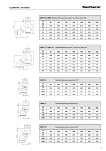 Teknisk detaljtegning og dimensjonstabell for Dantherm-elementer (T-rør og bøyninger) med spesifikke vinkler.