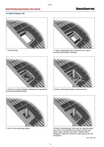 Fotografier fra en monteringsanvisning som viser detaljer for gjennomgang i tak med skorstein.