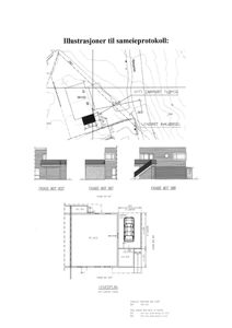 Illustrasjoner til sameieprotokoll som viser situasjonsplan, tre fasadetegninger (mot vest, øst og sør) og en hovedplan for nytt carport tilbygg.