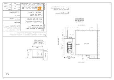 Tegning som viser en typisk snitt- og fasadebeskrivelse for en biloppstillingsplass (carport) med mål og dimensjoner.