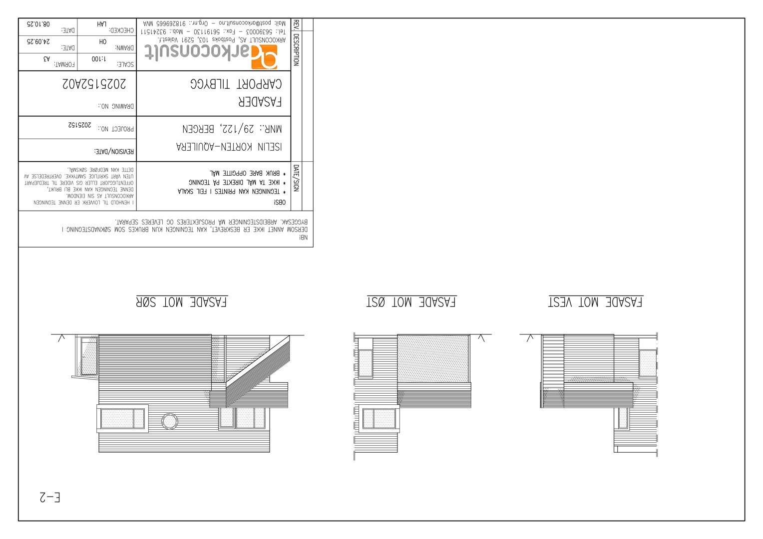 Fasadetegning som viser bygningens utseende fra tre sider: vest, øst og sør.