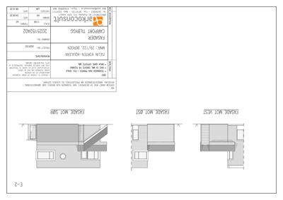 Fasadetegning som viser bygningens utseende fra tre sider: vest, øst og sør.