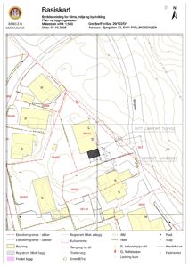 Basiskart (situasjonsplan) som viser eiendomsgrenser, bygninger, høydekurver og planlagte tiltak for en tomt i Fyllingsdalen.
