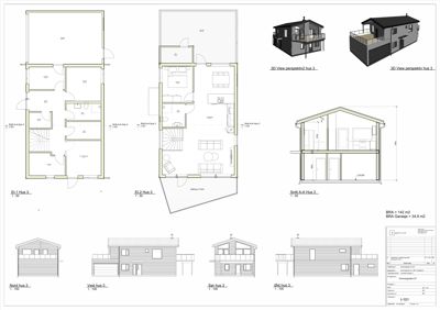 En tegning som viser fasadeopprikk (Nord, Vest, Sør, Øst) og et snitt (Snitt A-A) for et hus, samt 3D-perspektiver.