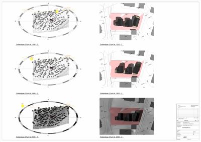 Solanalyserapport med 3D-modeller og situasjonskart for å vise solinnstråling på en tomt.
