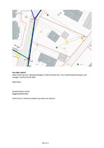 Bildet viser en situasjonsplan eller et kart over et område med bygninger, veier og eiendomsgrenser. Under kartet er det en tekstblokk som ser ut til å være en del av et brev fra en byggesaksbehandler.