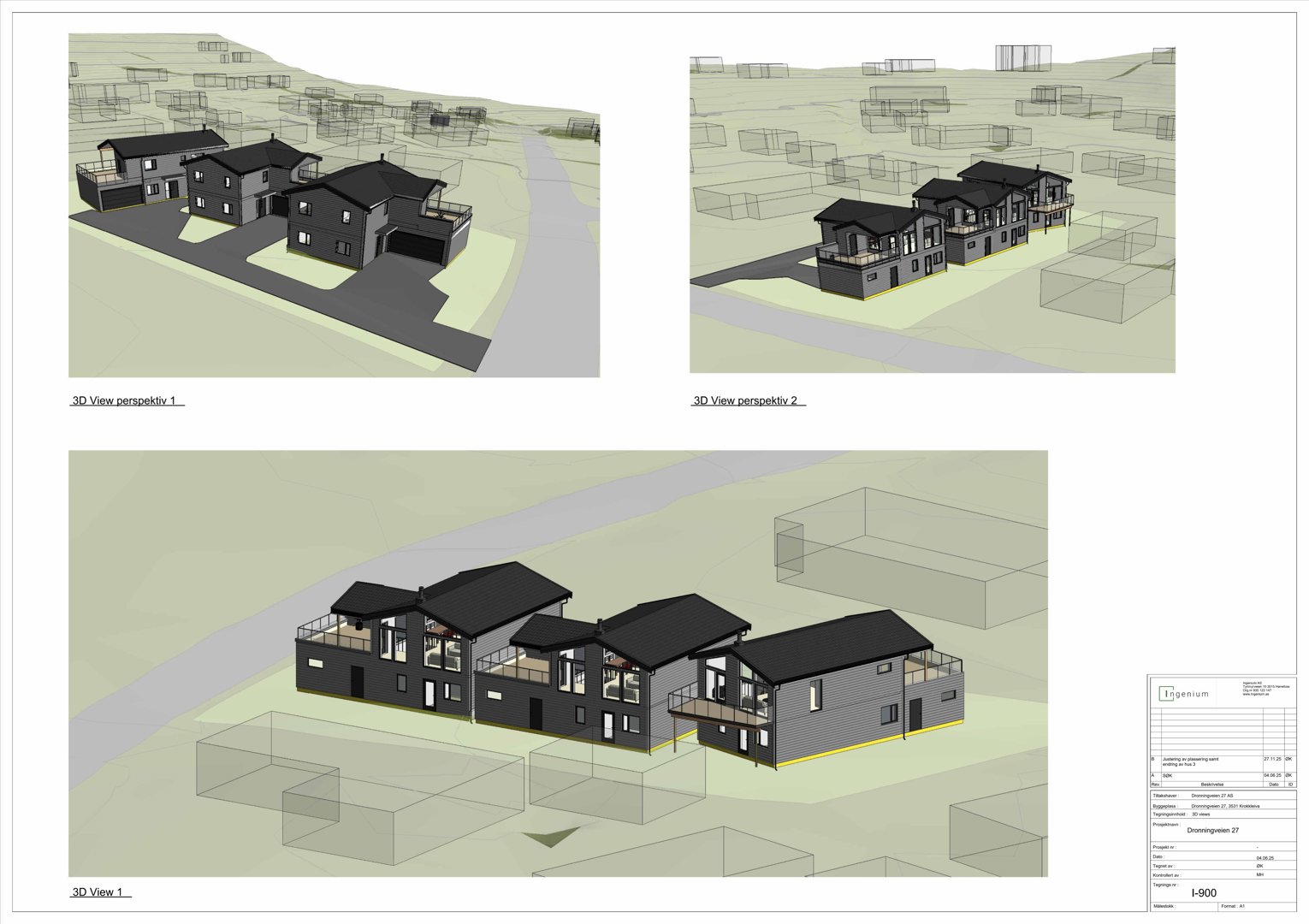 Tre 3D-perspektivtegninger (renderinger) av en rekkehusbebyggelse sett fra ulike vinkler, inkludert omgivelsene.