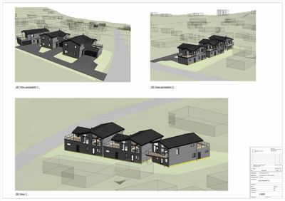 Tre 3D-perspektivtegninger (renderinger) av en rekkehusbebyggelse sett fra ulike vinkler, inkludert omgivelsene.