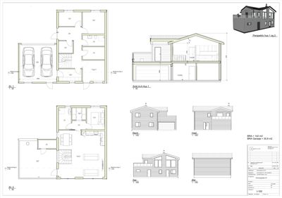 Bildet viser en samling tegninger for en byggesak, inkludert etasjeplaner (El 1 og El 2), snittegninger (Snitt A-A) og fasadetegninger (Ned, Vest, Sør, Øst).