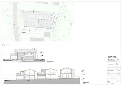 Bildet viser en situasjonsplan med to oppriss (fakader) av planlagte hus på tomten. Det er også inkludert beregnet areal og BYA-prosent.