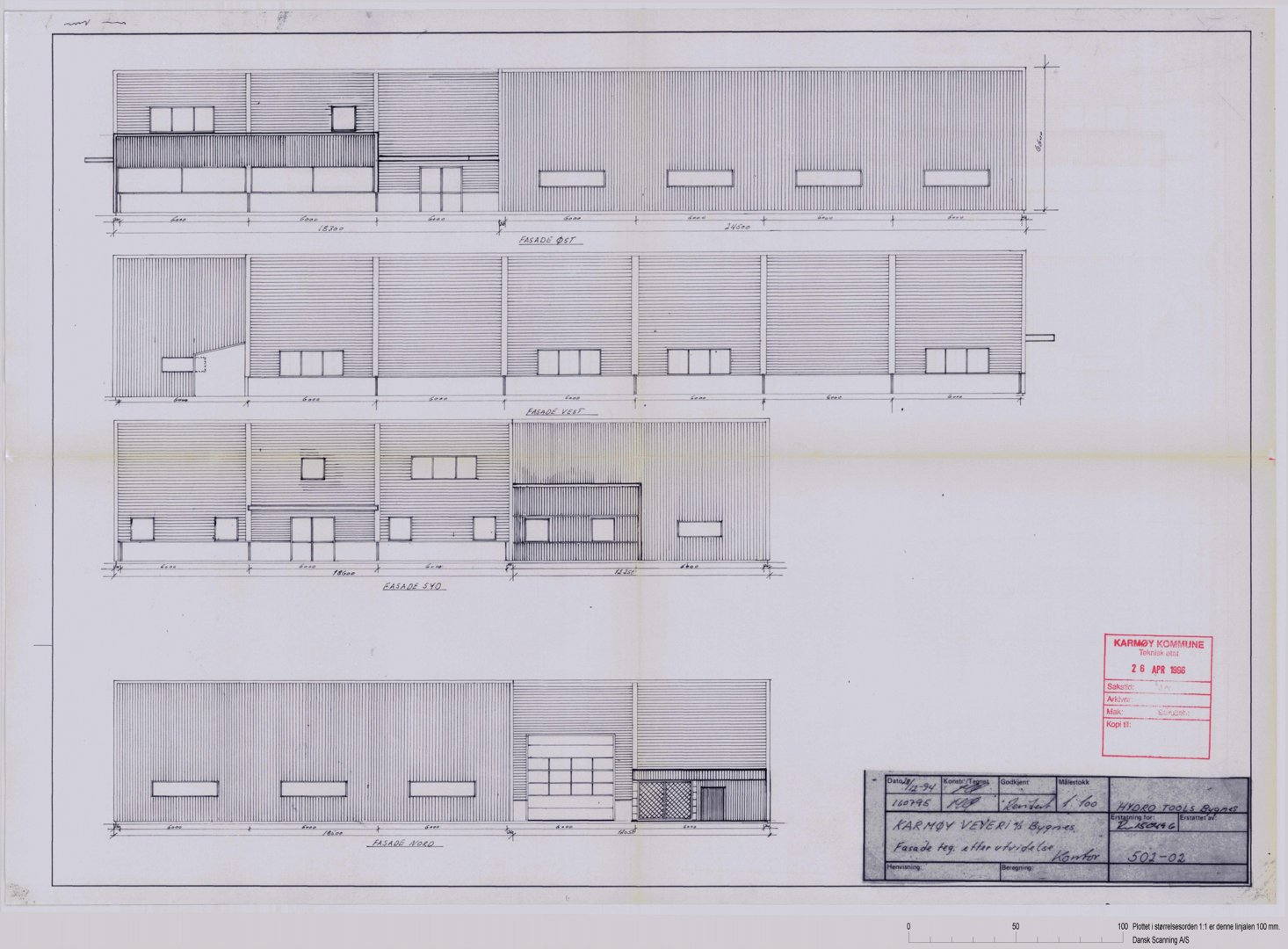 Fasadetegning som viser bygningens utsyn fra fire ulike vinkler (for, bak, venstre og høyre side).