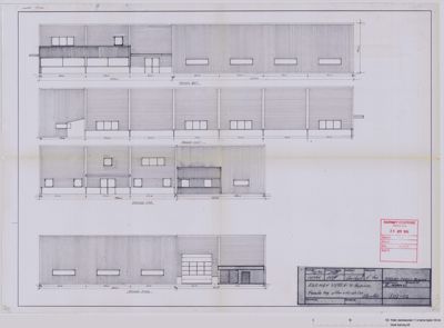 Fasadetegning som viser bygningens utsyn fra fire ulike vinkler (for, bak, venstre og høyre side).