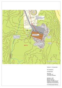 Situasjonsplan som viser tomtens topografi, eksisterende og planlagt infrastruktur (veier, ledninger), samt plassering av ny bygning i forhold til nabolag.