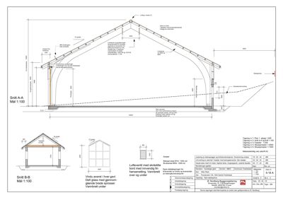 Bildet viser snittegninger (Snitt A-A og Snitt B-B) av en bygning, inkludert detaljer om takkonstruksjon, vinduer, dører og innvendig oppdeling.