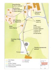 Situasjonsplan som viser ruten for ulike ledninger (strøm, fiber, fjernvarme, drenering) fra eksisterende tilkoblinger til en ny bygning.