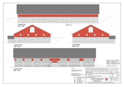 Fasadetegning som viser bygningens utseende fra fire sider (Nord, Sør, Øst og Vest) med mål og detaljer.