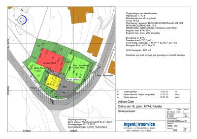 Situasjonsplan som viser eiendomsgranser, reguleringsområde, garasjebebyggelse og høydemålinger.