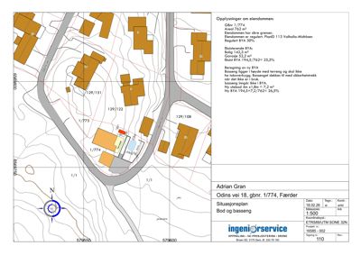 Situasjonsplan som viser eiendomsgranser, eksisterende og nybygg (basseng), topografi og arealregulering.