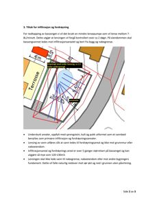 En teknisk tegning som viser et basseng med dimensjoner (4m x 3,6m), en terrasse og et utprengt areal for infiltrasjon og fordrøyningsareal.