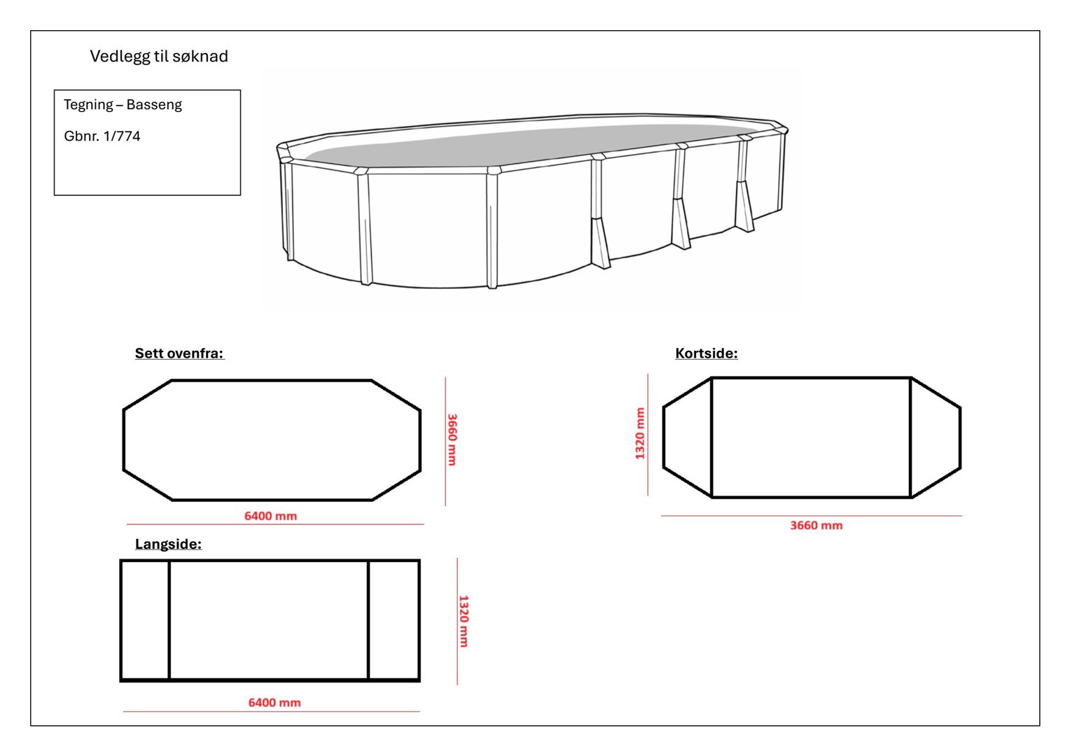 Tegning av basseng med dimensjoner sett ovenfra, langsiden og kortside.