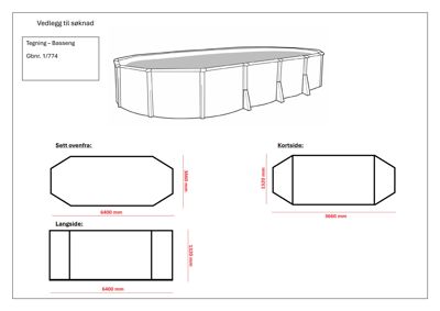 Tegning av basseng med dimensjoner sett ovenfra, langsiden og kortside.