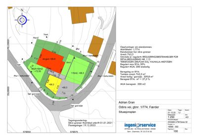 Situasjonsplan som viser eiendomsgranser, bygningers plassering, arealreguleringer og topografi.