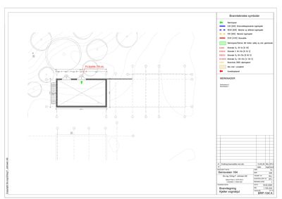 En brannverntegning som viser detaljer for en kjeller med vognskjul, inkludert brannvegger, brannskjerming og brannutløp.